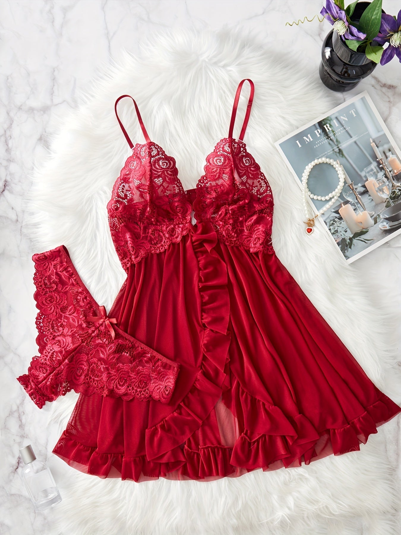 Lucia – Lace Front-Slit Chemise & Slip Set