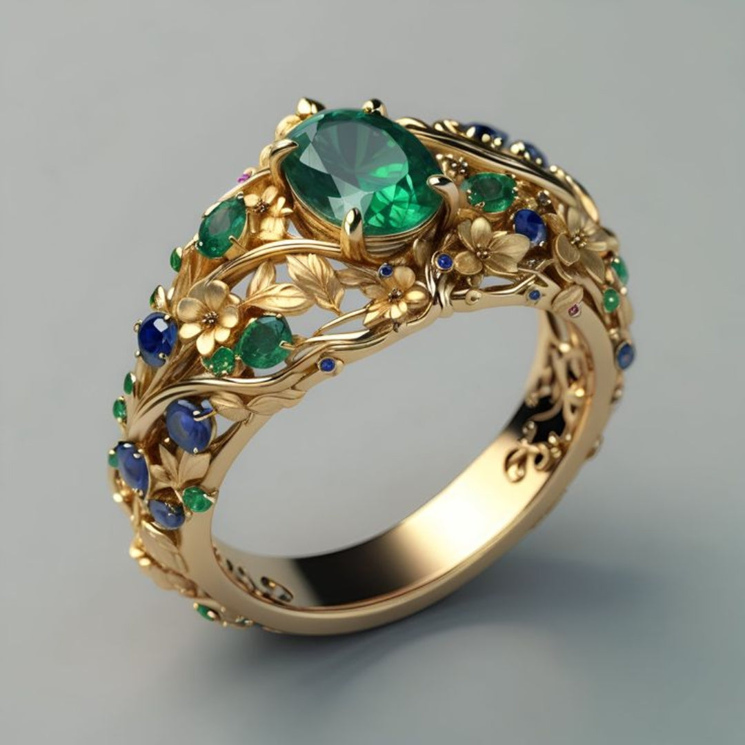 Anillo elegante y lujoso con esmeralda y zafiro