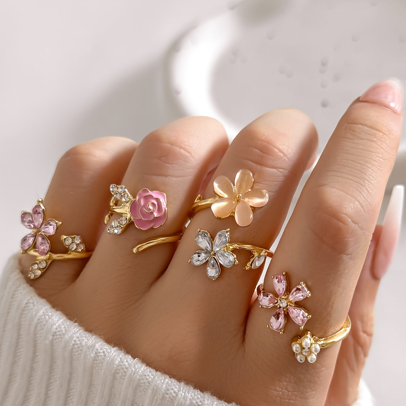 Alloy Rhinestone Pearl Ring Set