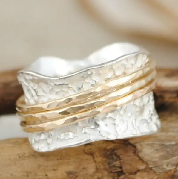 Anello vintage girevole sottile in oro e argento