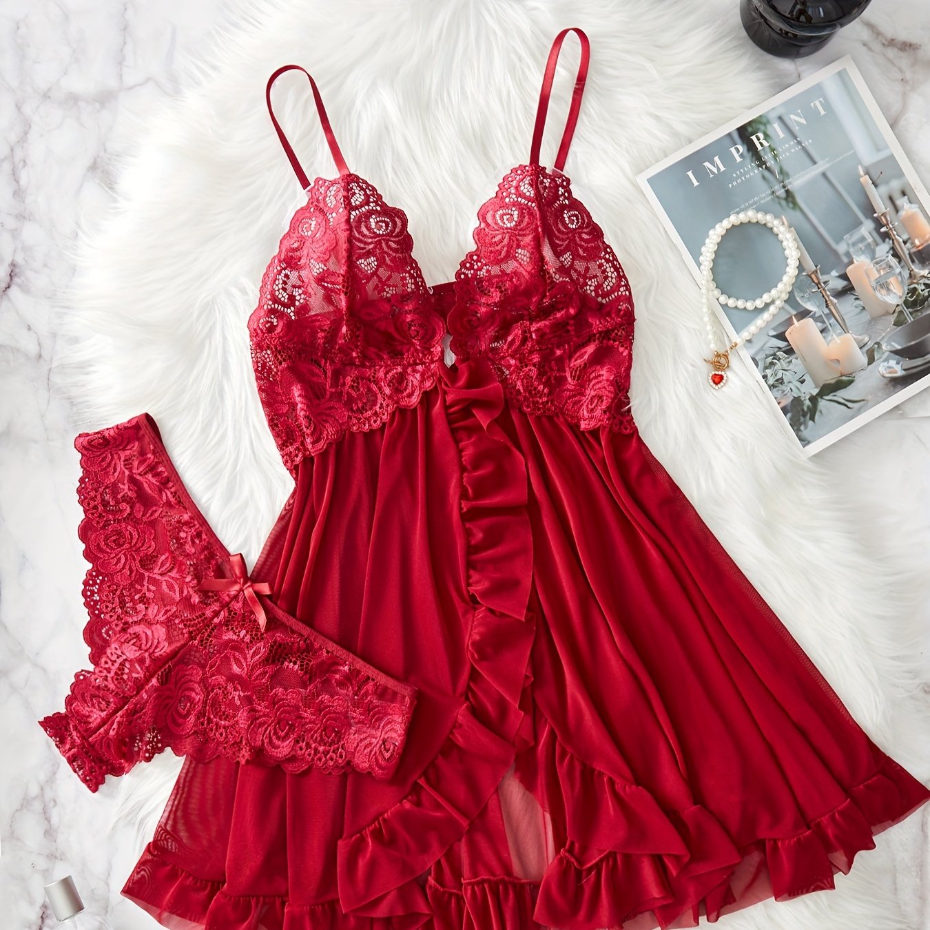 Lucia – Lace Front-Slit Chemise & Slip Set