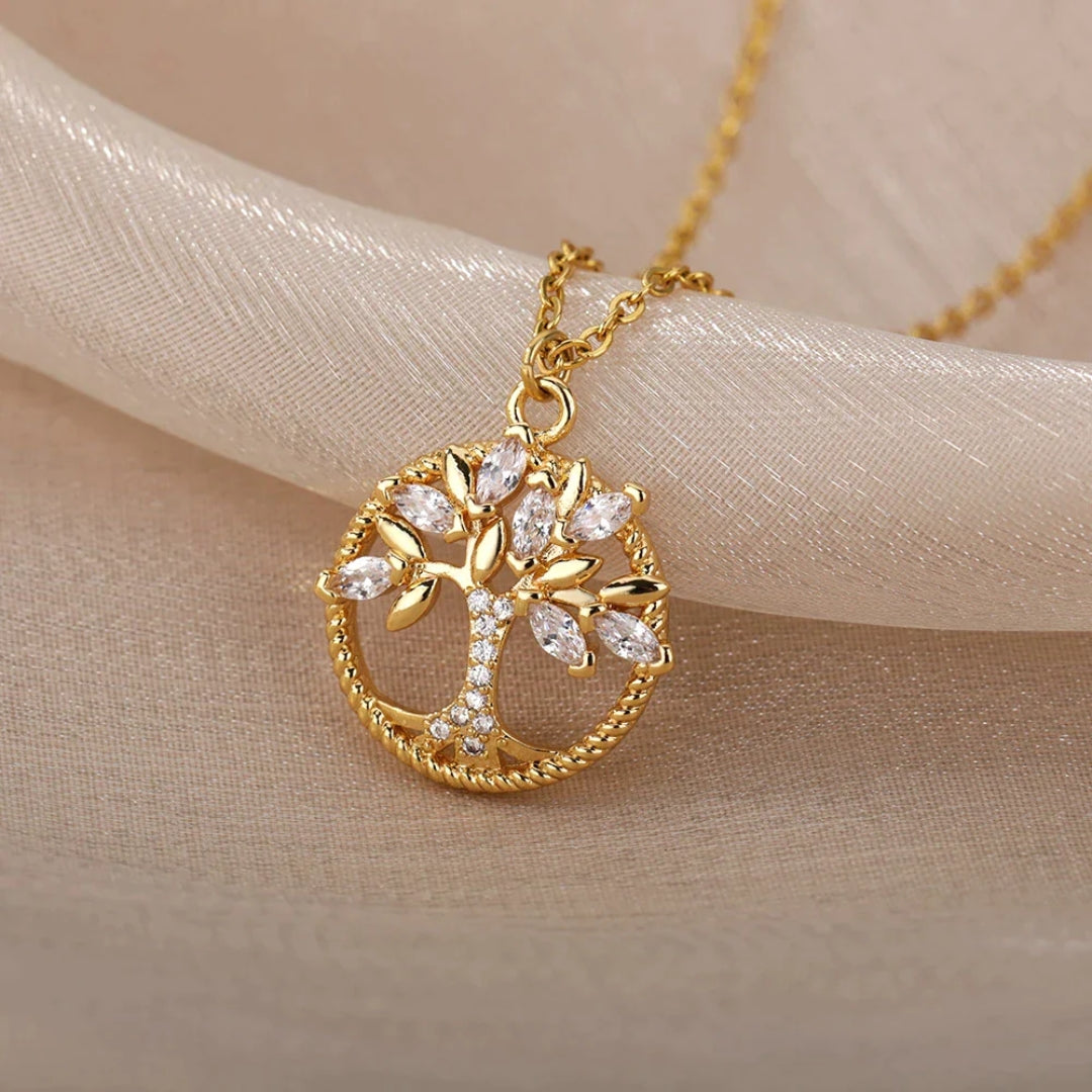 Collar con colgante de árbol de la vida en oro con cristal