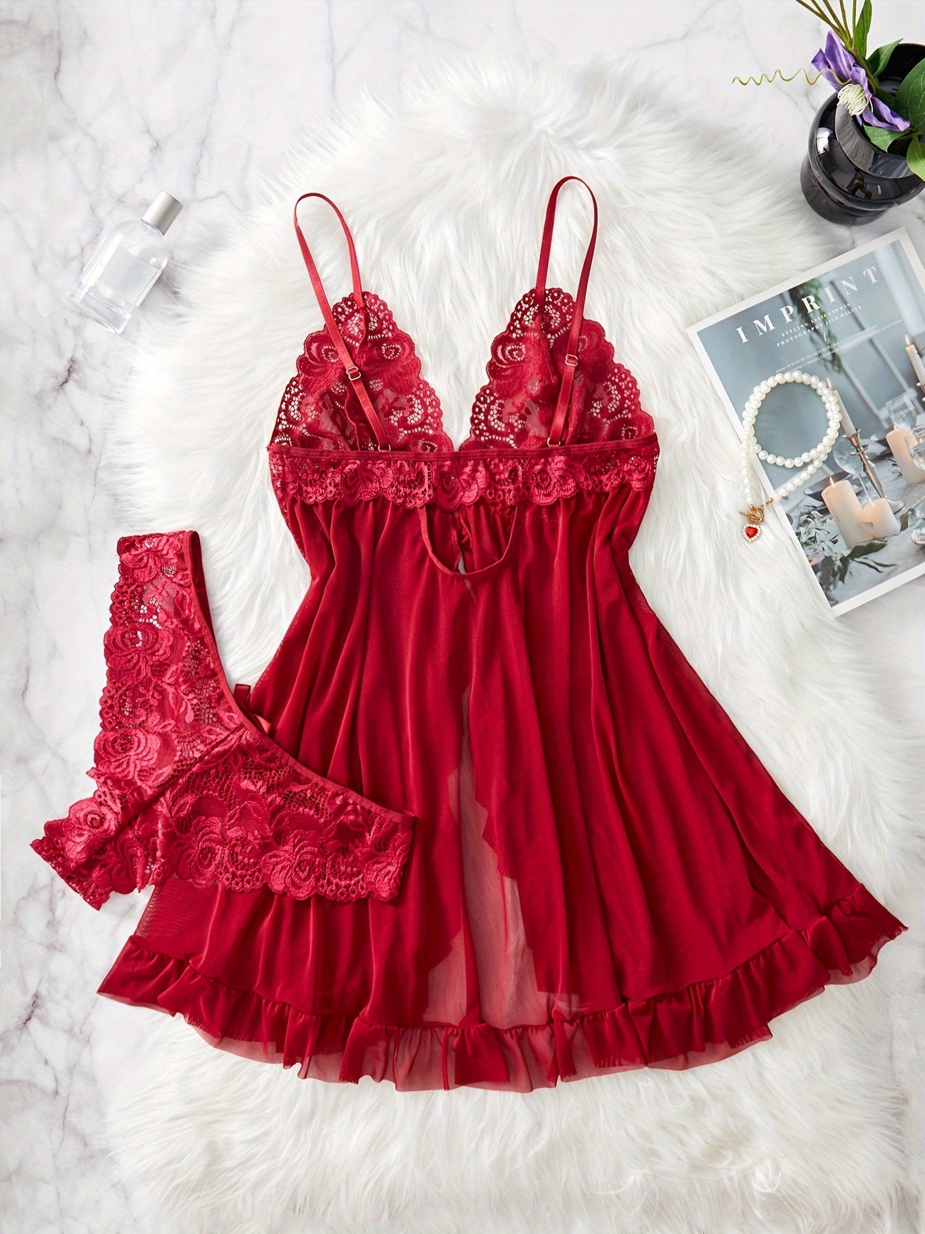 Lucia – Lace Front-Slit Chemise & Slip Set