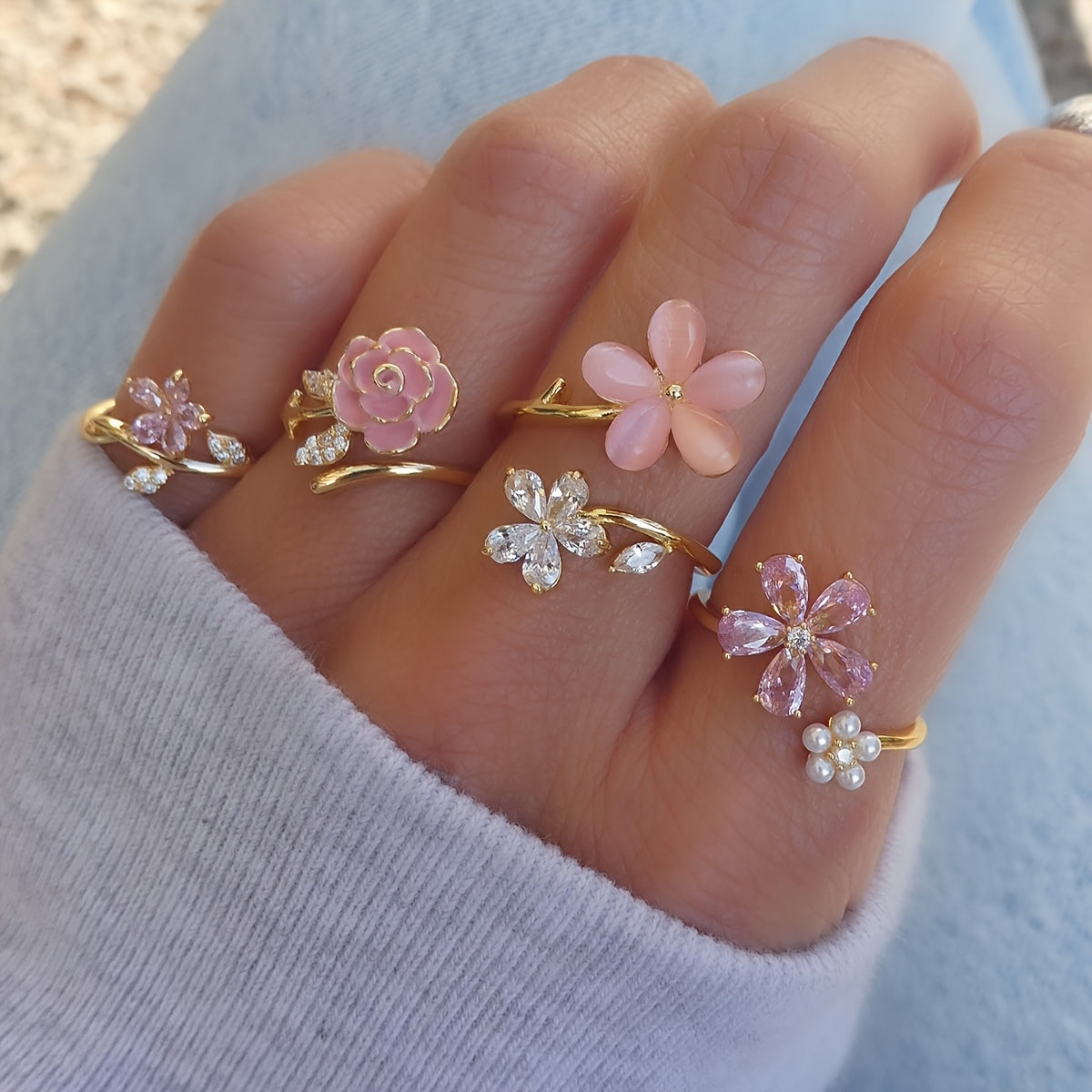 Alloy Rhinestone Pearl Ring Set