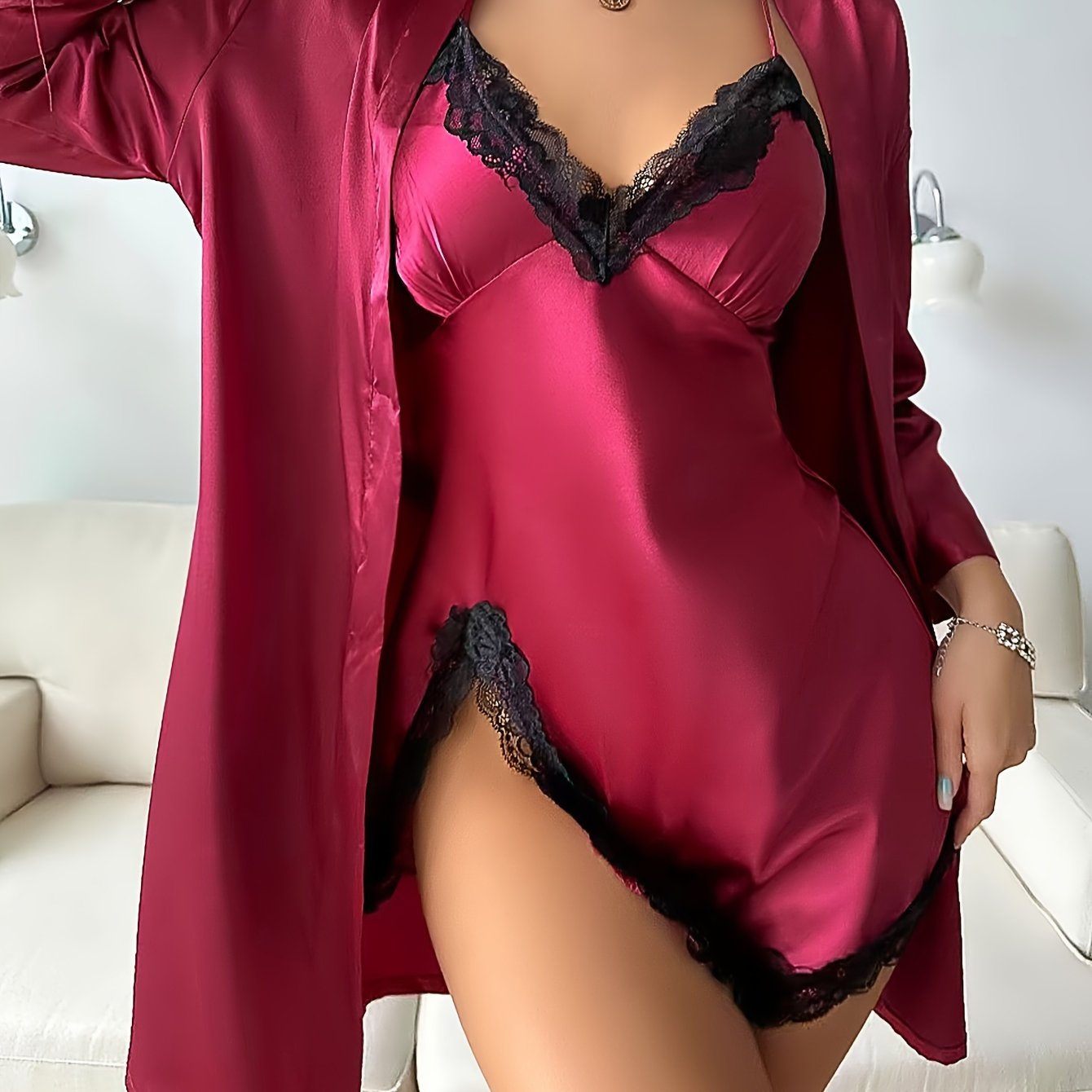 Elvira Robe & V-Neck Lace Slip Set